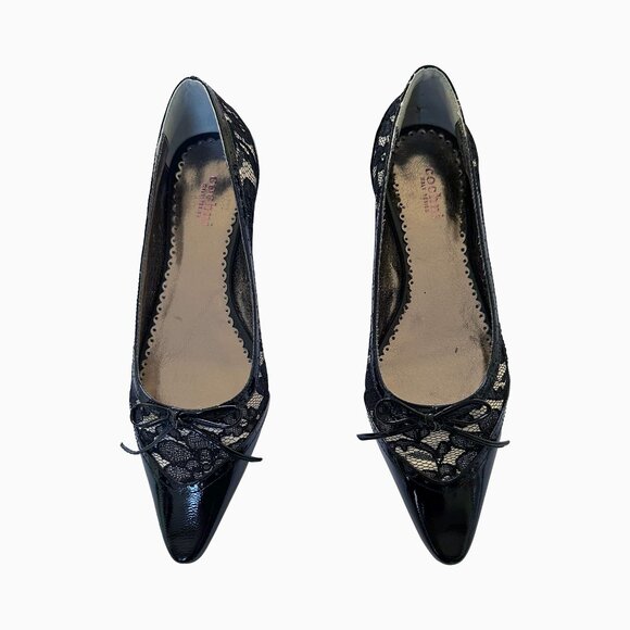 Cochni Black Leather Whimsigoth Goth Floral Lace Bow Point Toe Kitten Heel Sz 6 - Picture 3 of 9